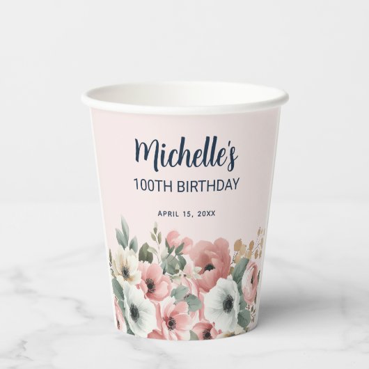 Roze Witte Waterverf Bloemen 100ste Verjaardag Papieren Bekers (Achterkant)