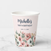 Roze Witte Waterverf Bloemen 100ste Verjaardag Papieren Bekers (Voorkant)