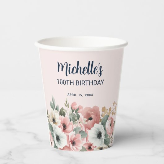 Roze Witte Waterverf Bloemen 100ste Verjaardag Papieren Bekers (Voorkant)