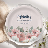 Roze Witte Waterverf Bloemen 100ste Verjaardag Papieren Bordje