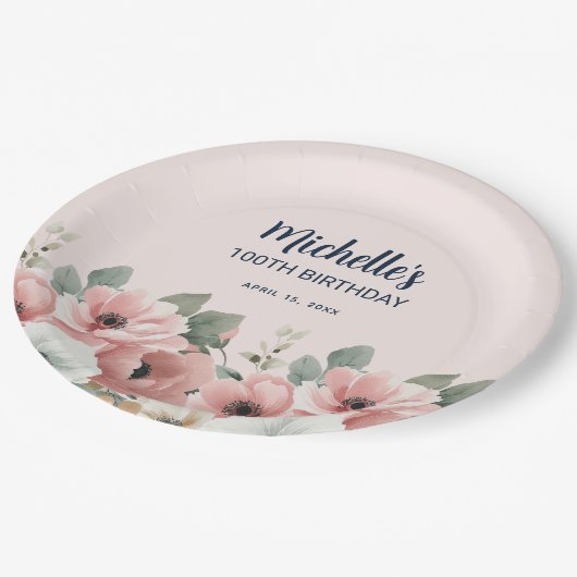Roze Witte Waterverf Bloemen 100ste Verjaardag Papieren Bordje (Gekanteld)