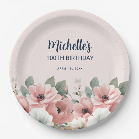 Roze Witte Waterverf Bloemen 100ste Verjaardag Papieren Bordje (Voorkant)