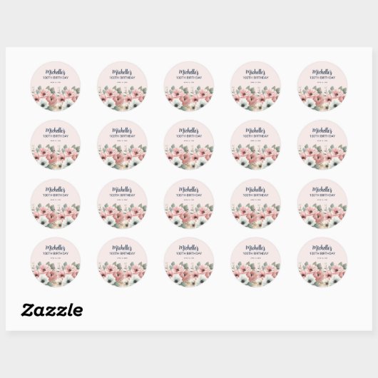 Roze Witte Waterverf Bloemen 100ste Verjaardag Ronde Sticker (Vel)