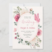 Roze witte Waterverf Bloemen Rozen bruiloft Kaart (Voorkant)