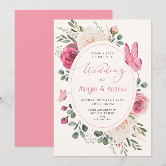 Roze witte Waterverf Bloemen Rozen bruiloft Kaart (Voorkant / Achterkant)