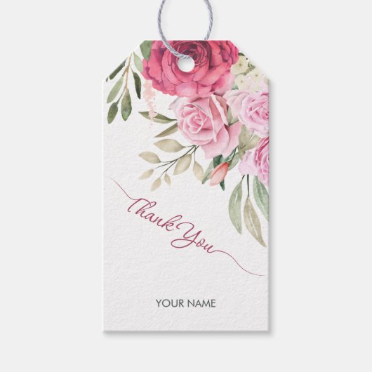 Roze witte Waterverf Bloemen Rozen Cadeaulabel (Voorkant)