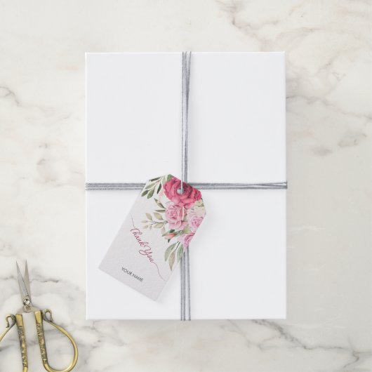 Roze witte Waterverf Bloemen Rozen Cadeaulabel (Met Touw)