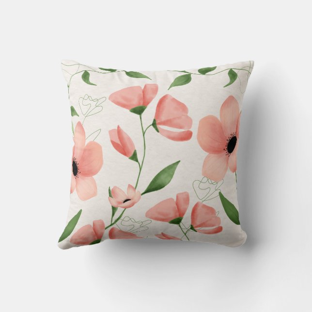 Roze Witte Waterverf Bloemen Vierkante Kussen (Achterkant)