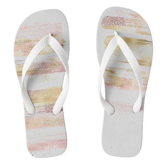 Roze Witte Waterverf Glitter Folie Paint Strokes Teenslippers (Voetbed)
