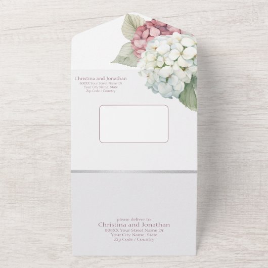 Roze & Witte Waterverf Hydrangea Flowers All In One Uitnodiging (Buitenkant)