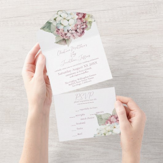 Roze & Witte Waterverf Hydrangea Flowers All In One Uitnodiging (Afscheurbaar)