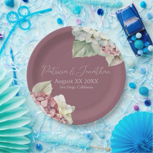 Roze & Witte Waterverf Hydrangea Flowers op Blush Papieren Bordje (Feest)