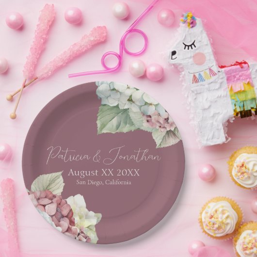 Roze & Witte Waterverf Hydrangea Flowers op Blush Papieren Bordje (Feest)
