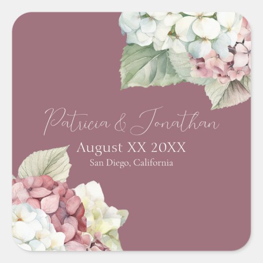 Roze & Witte Waterverf Hydrangea Flowers op Blush Vierkante Sticker (Voorkant)