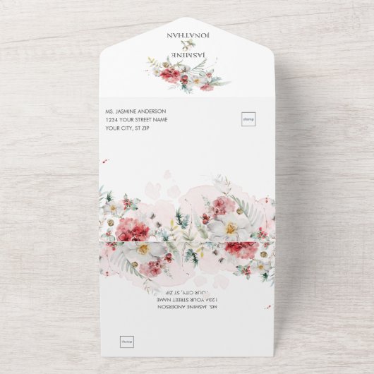 Roze witte winterFlorals van Bourgogne All In One Uitnodiging (Buitenkant)