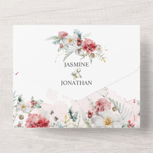 Roze witte winterFlorals van Bourgogne All In One Uitnodiging (Achterkant)