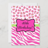 Roze witte Zebra Leopard 40th Birthday Party Kaart (Voorkant)