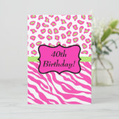 Roze witte Zebra Leopard 40th Birthday Party Kaart (Staand voorkant)