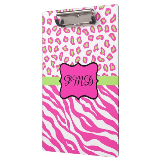 Roze witte Zebra Leopard Skin Monogram Klembord (Links)