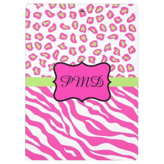 Roze witte Zebra Leopard Skin Monogram Klembord (Achterkant)