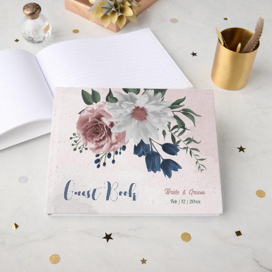 roze witte zeemijlbloemen groen huwelijk gastenboek (Voorkant open)