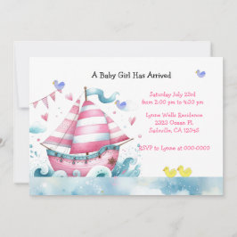 Roze Witte Zeilboot Baby Meisje Shower Uitnodiging