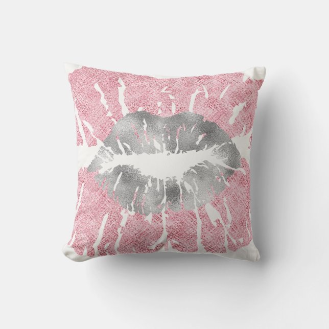 Roze witte zilver grijs glitter kus lips Makeup Kussen (Voorkant)