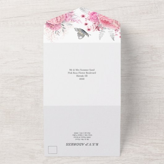Roze witte zilverkleurige rozen glazen vlinderluxe all in one uitnodiging (Buitenkant)