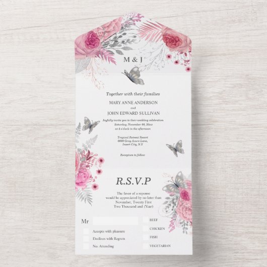 Roze witte zilverkleurige rozen glazen vlinderluxe all in one uitnodiging (Binnen)