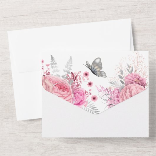 Roze witte zilverkleurige rozen glazen vlinderluxe all in one uitnodiging (Achterkant)