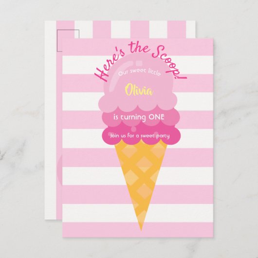 Roze witte zoete ijs op de eerste verjaardag briefkaart (Voorkant / Achterkant)