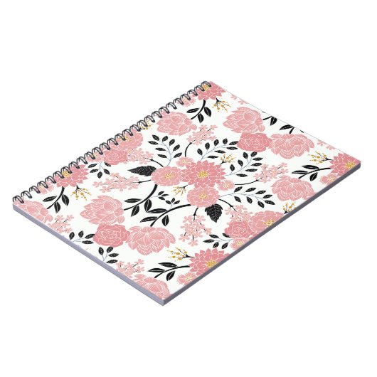 Roze, witte, zwarte, blauwe en gele elegante Flora Notitieboek (Linkerzijde)