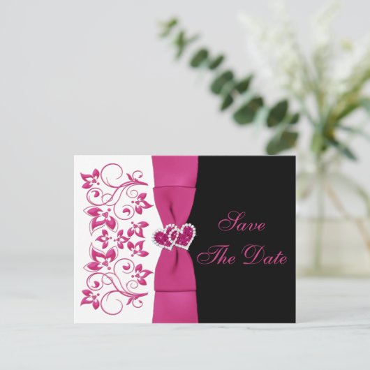 Roze, witte, zwarte Floral sparen de Datum na Kaar Aankondigingskaart (Staand voorkant)
