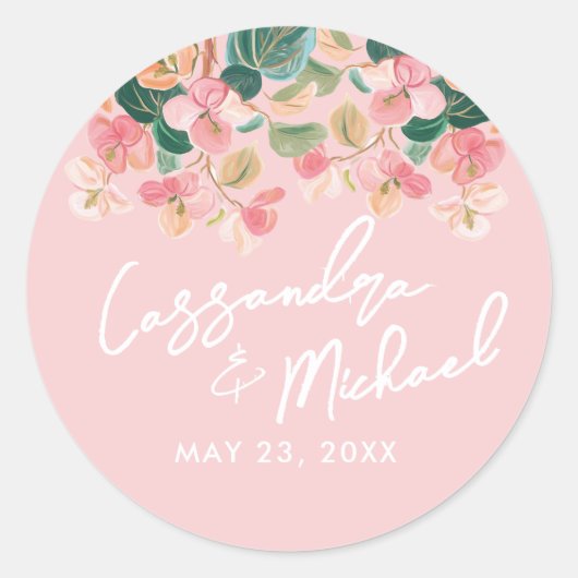 Roze Woestijn Bloemige Bruiloft Ronde Sticker (Voorkant)