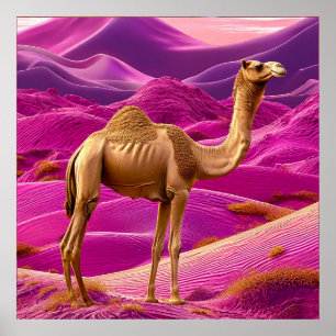 Roze Woestijn Kameel Zonsondergang Dromerige Zand  Poster