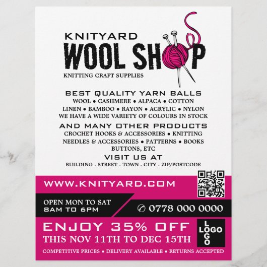 Roze wol Winkel, Knitting Store, Garn Store Flyer (Voorkant)