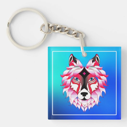 Roze Wolf Head Polygon Design-24531 Sleutelhanger (voorkant)