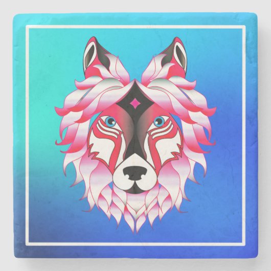 Roze Wolf Head Polygon Design-24531 Stenen Onderzetter (Voorkant)