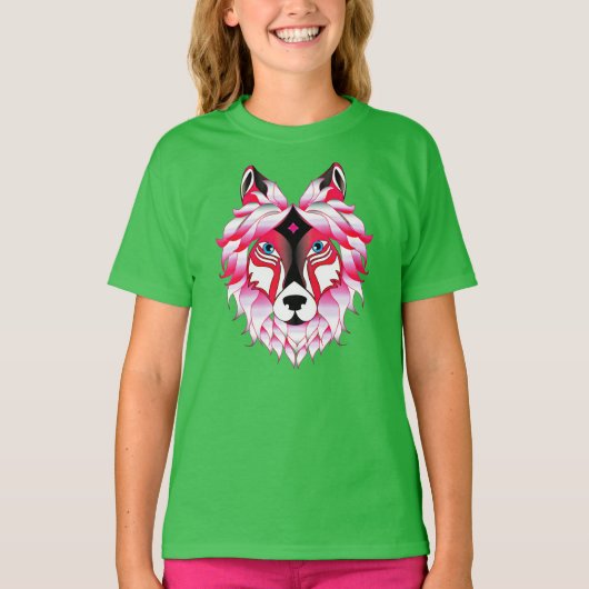 Roze Wolf Head Polygon Design-24531 T-shirt (Voorkant)
