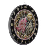 Roze wolf huilt kracht onder gouden maan dartbord (Voorkant Links)