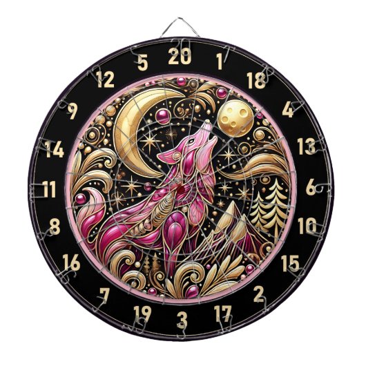 Roze wolf huilt onder gouden maan dartbord (Voorkant)