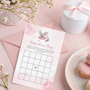 Roze wolk baby shower bingo met ooievaarsontwerp