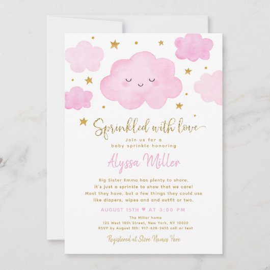 Roze wolk besprenkeld met liefde baby sprinkle kaart (Voorkant)