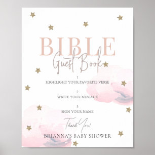 Roze Wolk Gouden Ster Baby Shower Bijbel Gastboek Poster