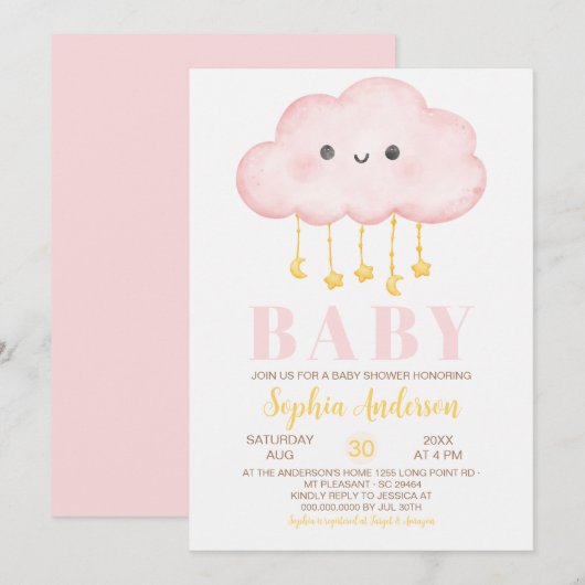 Roze wolk Meisje Baby shower Kaart (Voorkant / Achterkant)