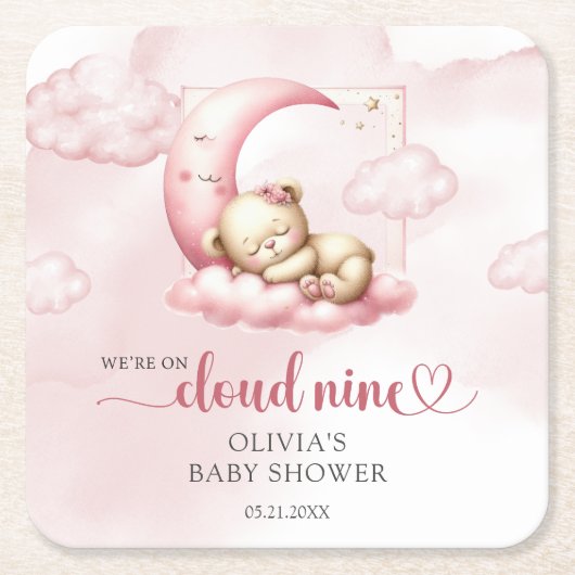 Roze wolk negen teddybeer meisje baby shower kartonnen onderzetters (Voorkant)