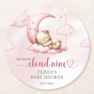 Roze wolk negen teddybeer meisje baby shower ronde kartonnen onderzetter