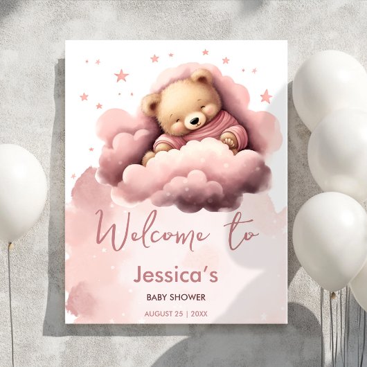 Roze wolk schattig beer baby shower welkom poster