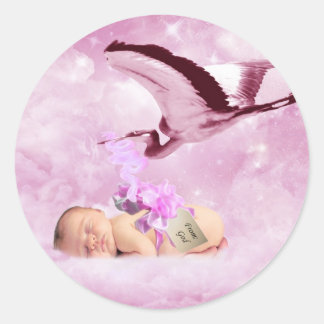 Roze wolken en ooievaar ronde sticker