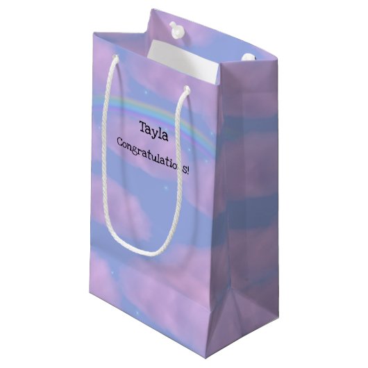 Roze Wolken en Rainbow Gepersonaliseerde Gift Bag Klein Cadeauzakje (Voorkant Gekanteld)